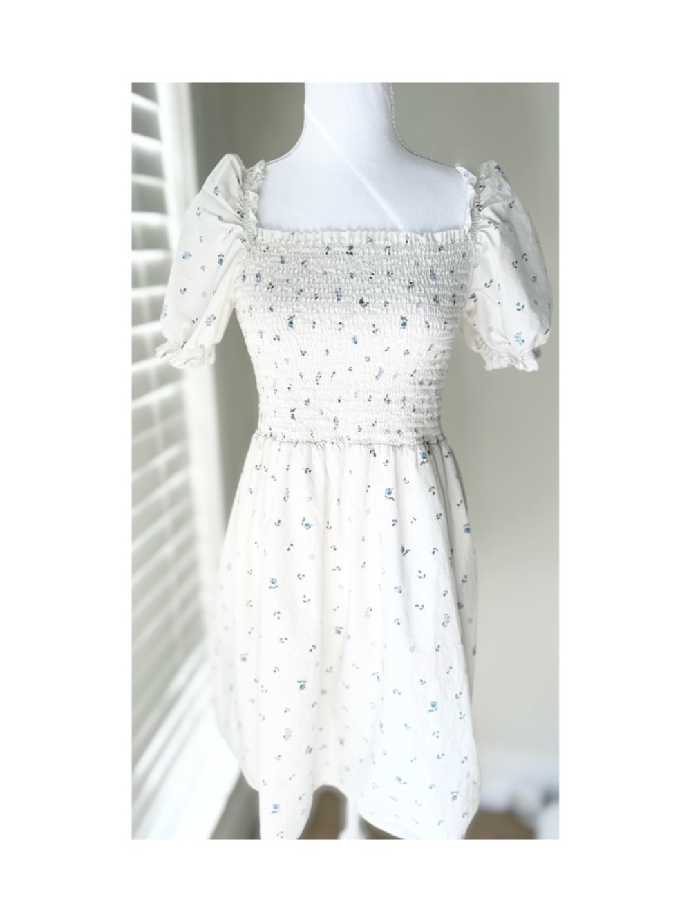 Smocked Puff Sleeve Mini Dress in Cream with Blue Floral Print